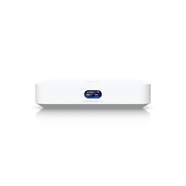 Vista frontal del gateway UniFi blanco con pantalla LCD a color mostrando estadísticas de red y clientes