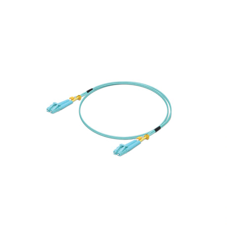Bobina circular cable red UniFi fibra óptica con conectores LC detalles amarillos y bandas negras