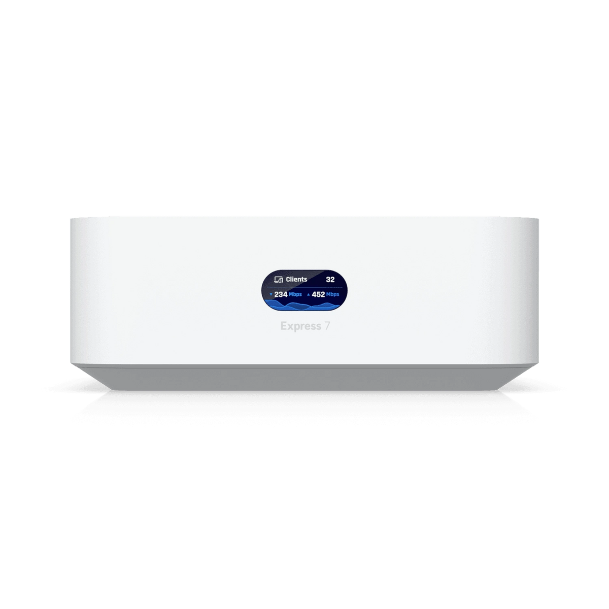 Vista frontal directa del firewall wifi 7 Ubiquiti con display ovalado central mostrando estadísticas de ancho de banda