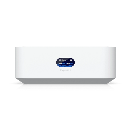 Vista frontal directa del firewall wifi 7 Ubiquiti con display ovalado central mostrando estadísticas de ancho de banda