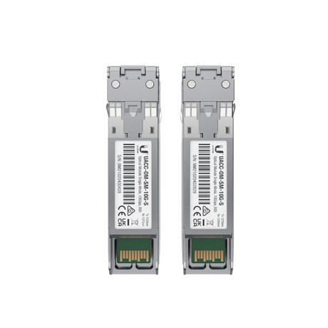 Dos módulos UniFi SFP+ lado a lado mostrando etiquetas técnicas y contactos verdes