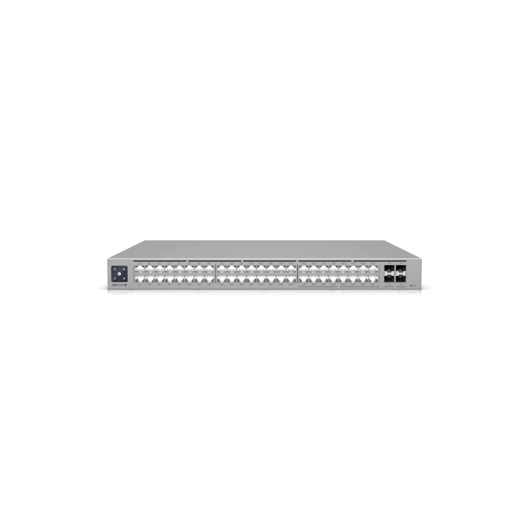 Vista frontal ligeramente elevada del hardware de red mostrando densidad de puertos y diseño industrial elegante del UniFi