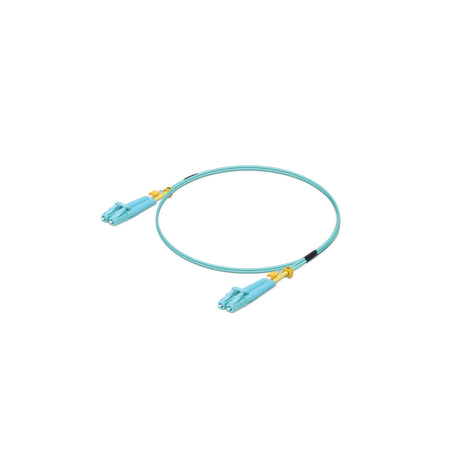 Vista cenital de cable multimodo OM3 azul con conectores LC duplex y detalles amarillos