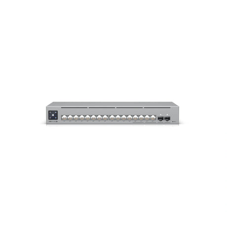 Vista frontal directa del switch que muestra la fila de 16 puertos Ethernet, ranuras SFP+ a la derecha y etiqueta USW-Pro-Max