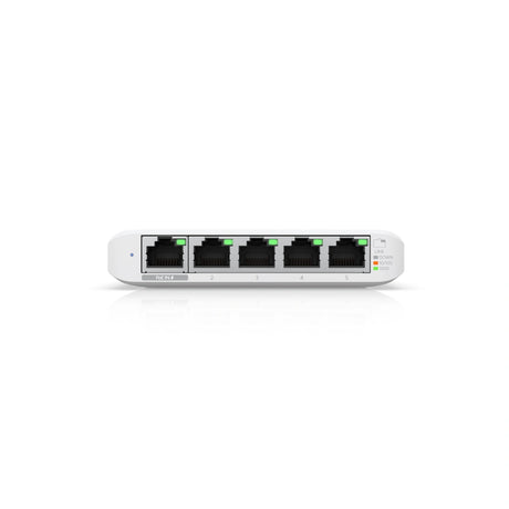 Vista frontal del switch Gigabit PoE blanco con cinco puertos RJ45 negros y leyenda de velocidad a la derecha