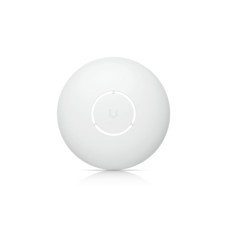 Cubierta blanca circular mate de policarbonato con logotipo Ubiquiti en relieve y anillo sutil