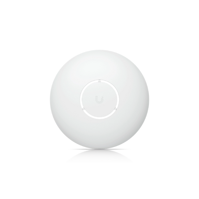 Cubierta blanca circular mate de policarbonato con logotipo Ubiquiti en relieve y anillo sutil